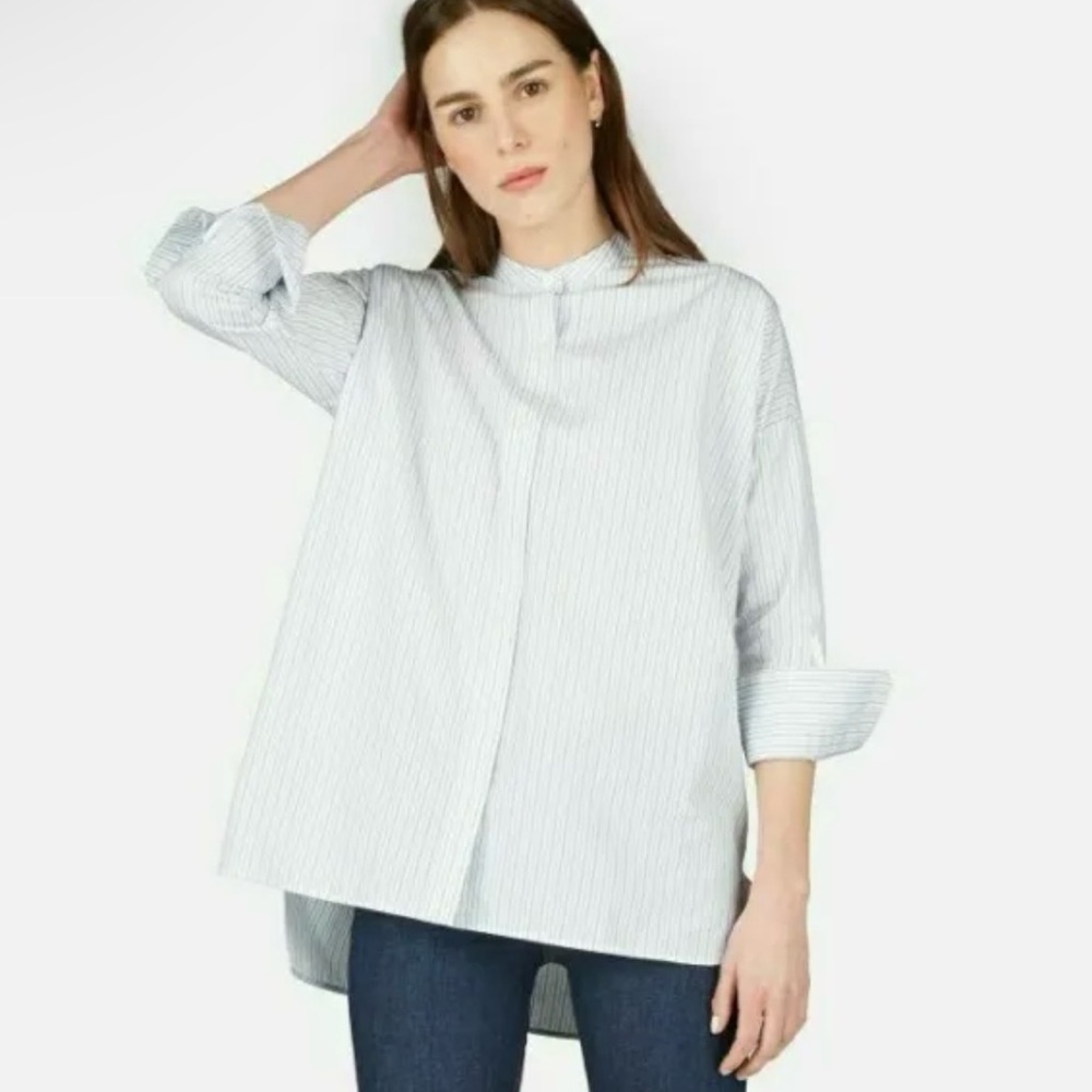 Everlane Women's The Cotton Collarless Square Shirt Muted Blue/White stripe Sz 6